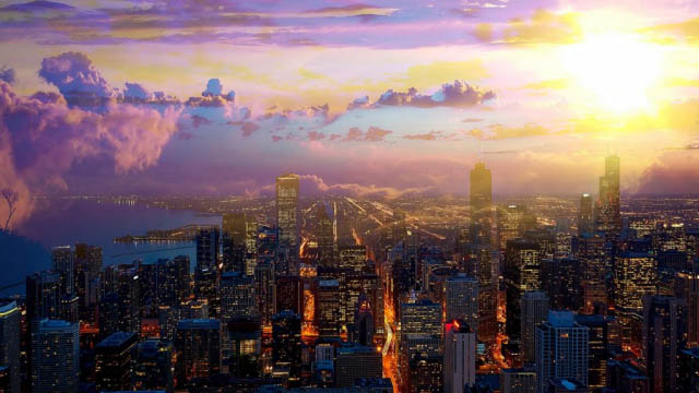 Coucher de soleil sur la ville de Chicago 01 - photo stock