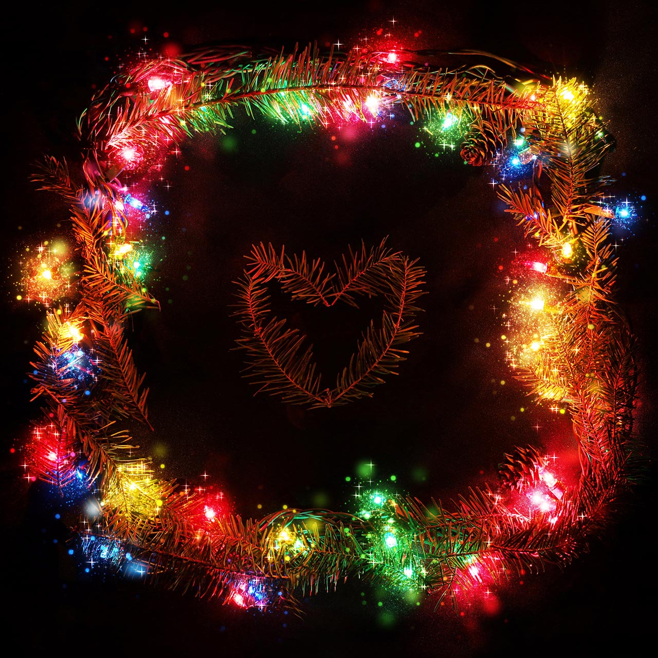 Cadre carré de lumières de Noël avec coeur au milieu